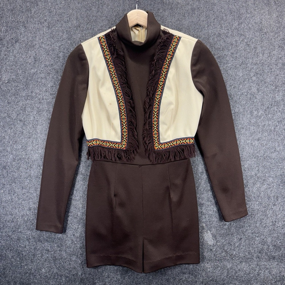 Vintage 60s Playsuit Romper Skirt XS Brown Fringe Western Mel Warshaw Miss Jane